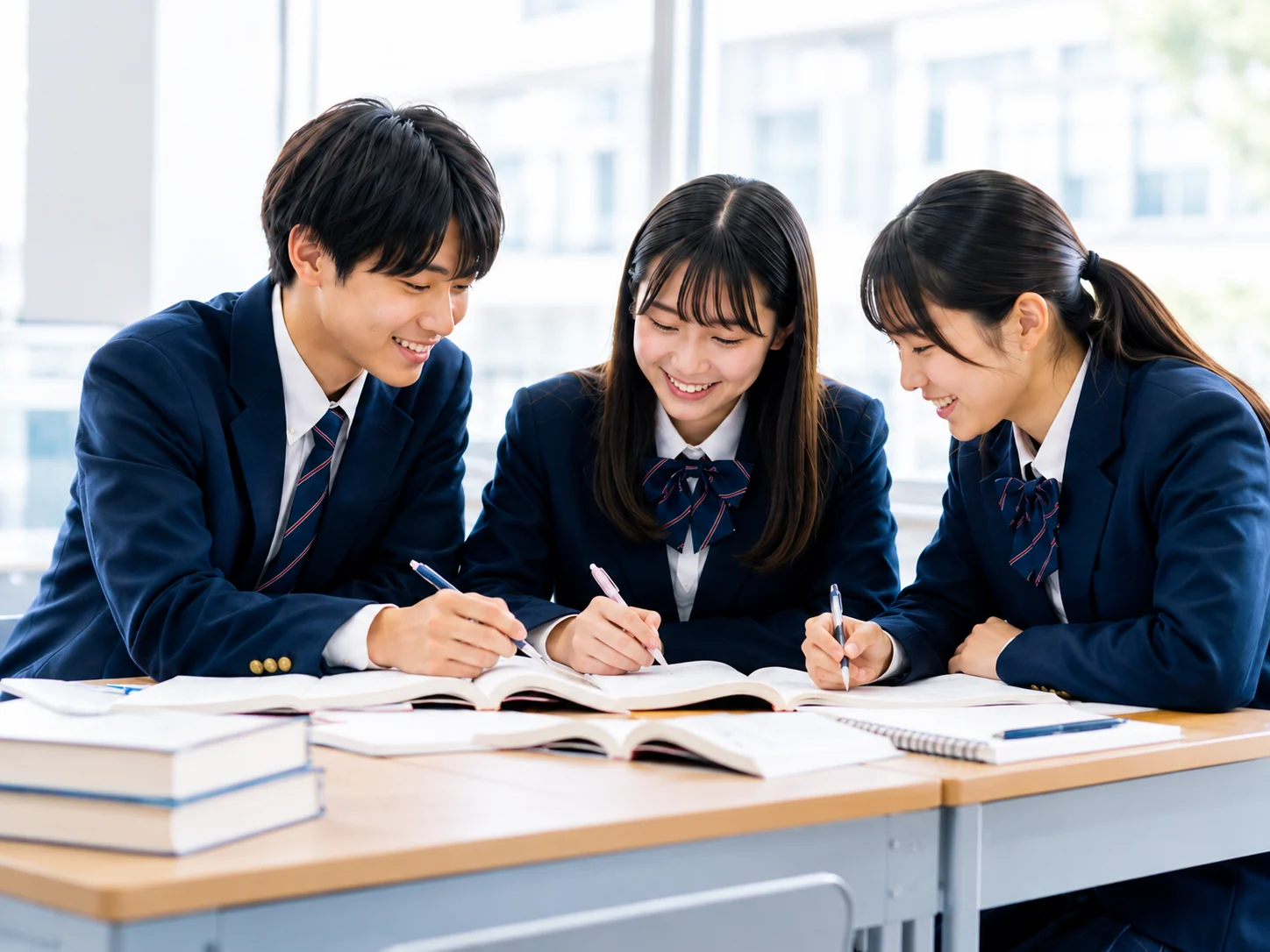 明るい教室で一緒に学ぶ中高生