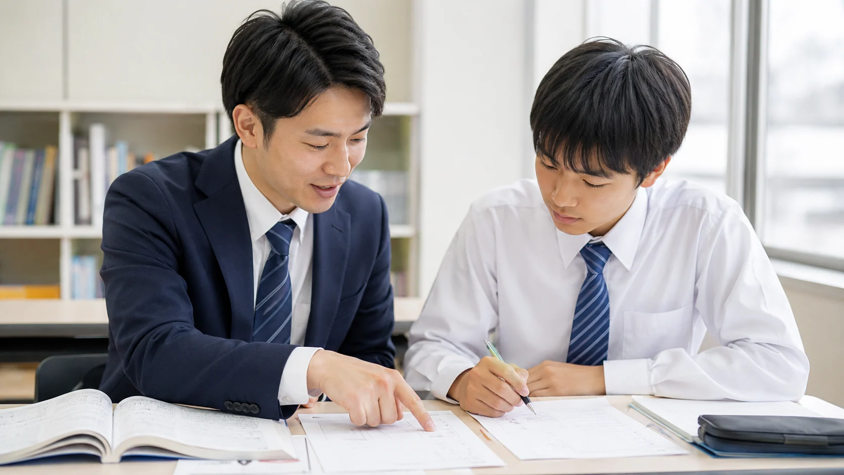 先生が生徒に丁寧に寄り添って指導している教室の様子