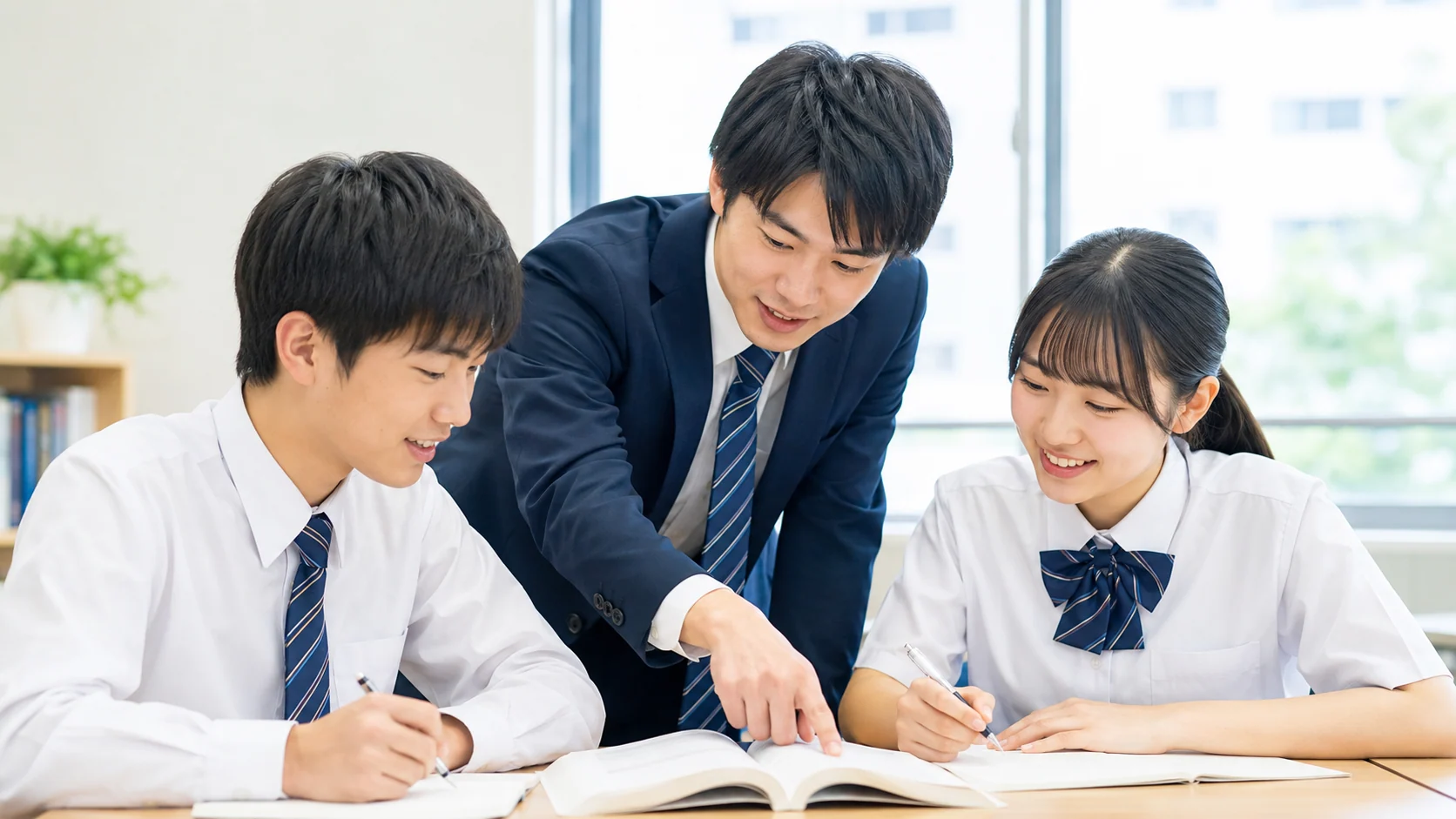 明るい教室で先生と一緒に学ぶ生徒たちの様子